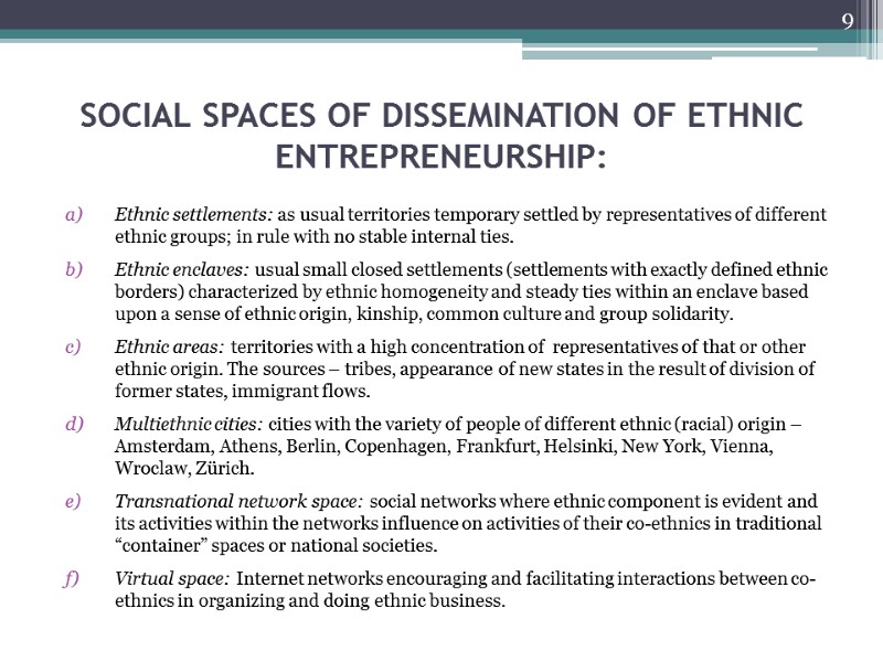 SOCIAL SPACES OF DISSEMINATION OF ETHNIC ENTREPRENEURSHIP:  Ethnic settlements: as usual territories temporary